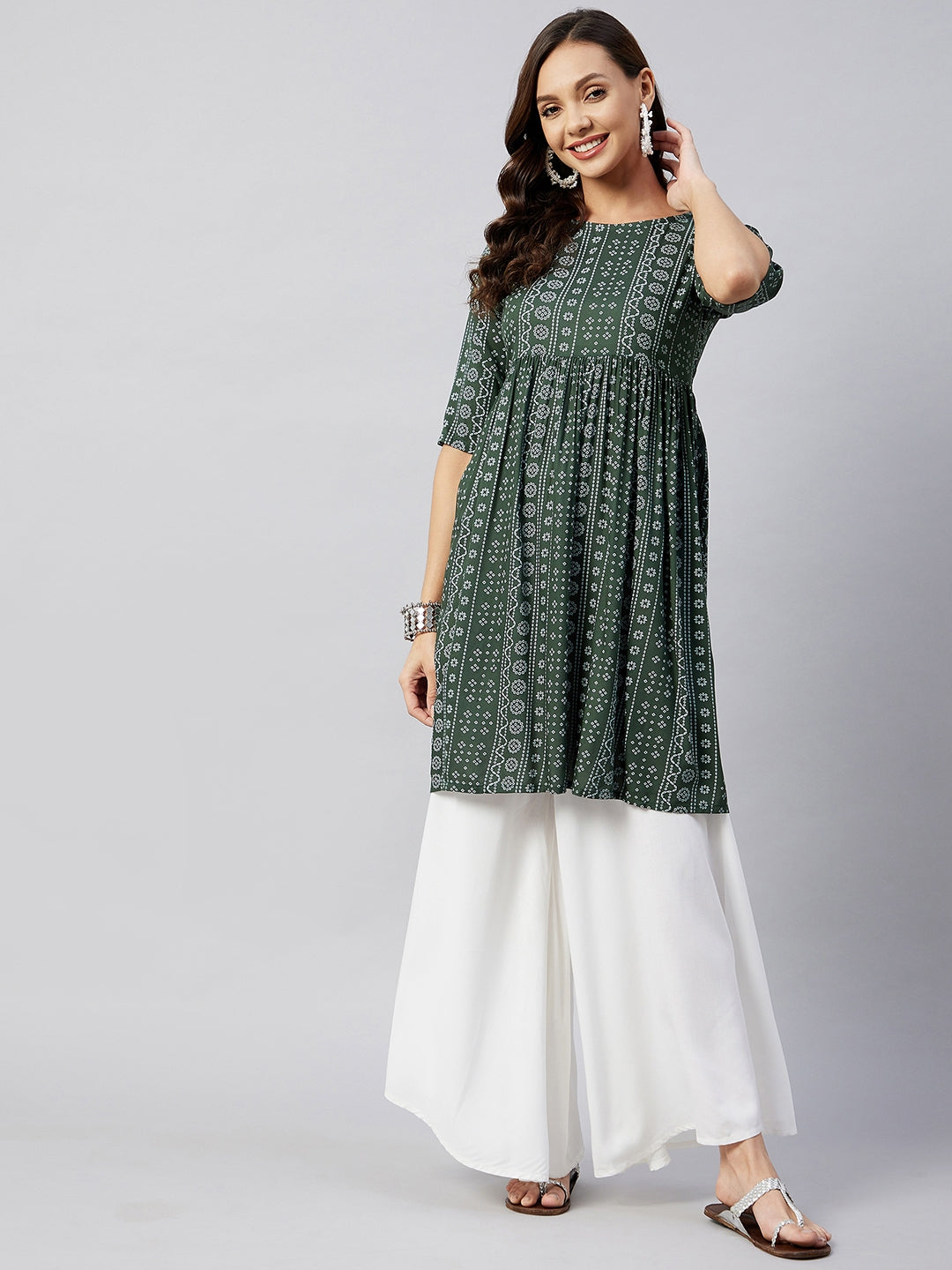InWeave Women's Green Bandhani Shrot Anarkali Kurta | Grocsy