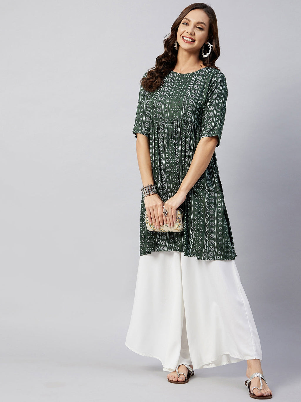 InWeave Women's Green Bandhani Shrot Anarkali Kurta | Grocsy