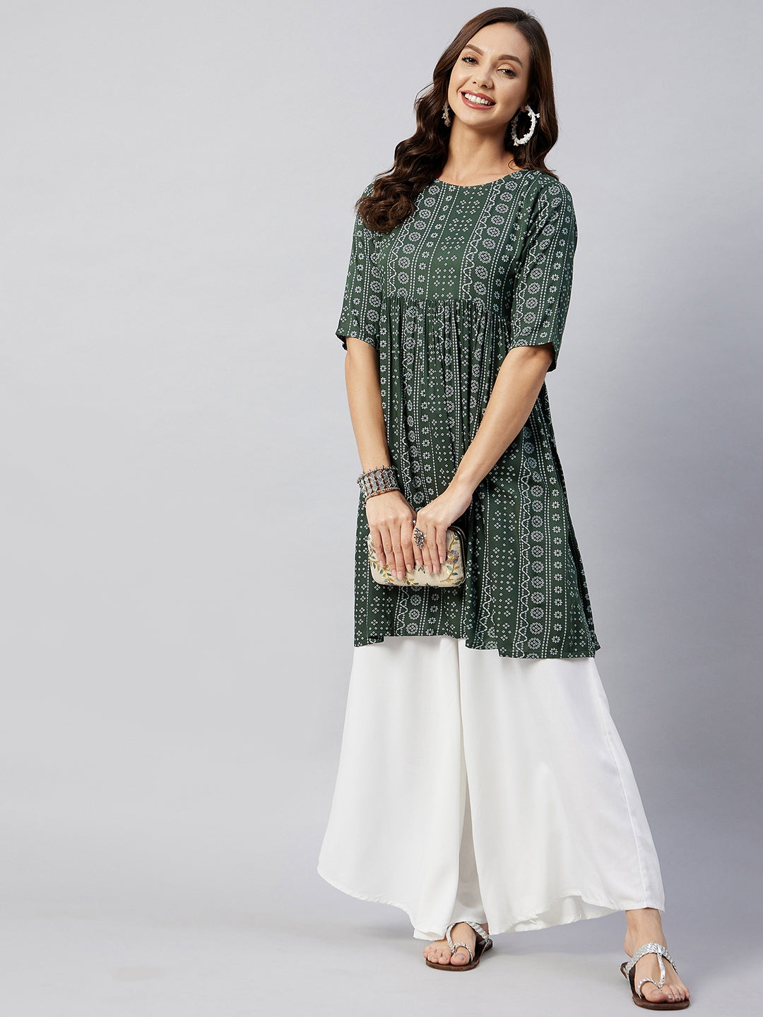 InWeave Women's Green Bandhani Shrot Anarkali Kurta | Grocsy