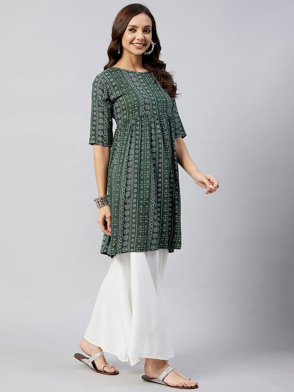 InWeave Women's Green Bandhani Shrot Anarkali Kurta | Grocsy