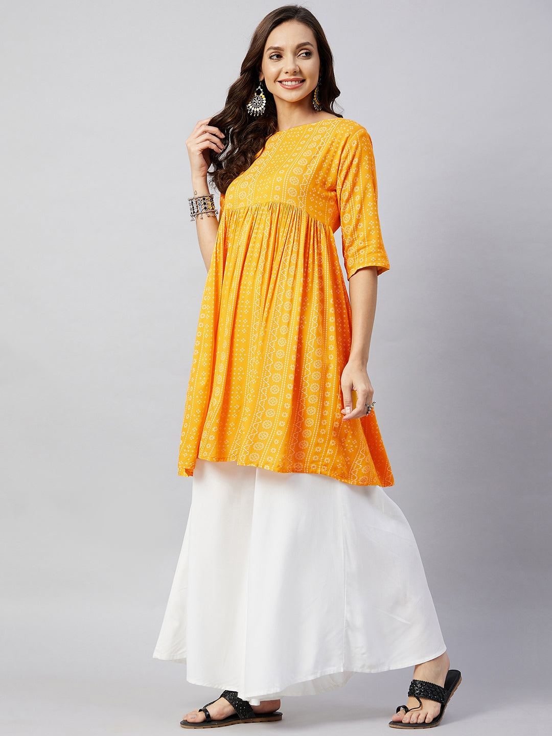 InWeave Women's Yellow Bandhani Short Anarkali Kurta | Grocsy