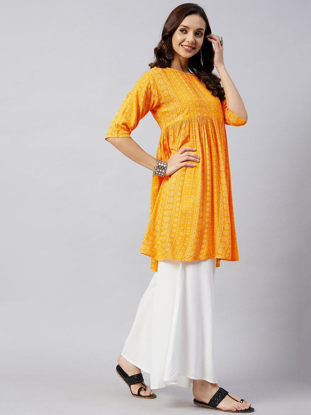 InWeave Women's Yellow Bandhani Short Anarkali Kurta | Grocsy