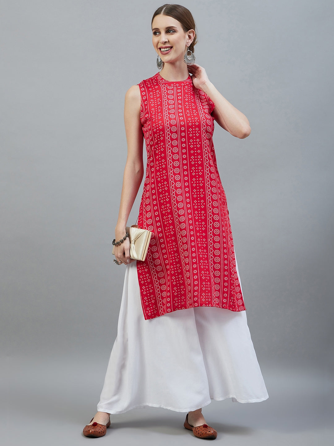 InWeave Women's Red Bandhej Halter Kurta | Grocsy