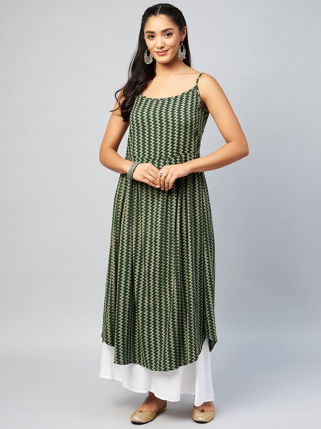InWeave Women's Green Zig Zag Print Strappy Kurta | Grocsy