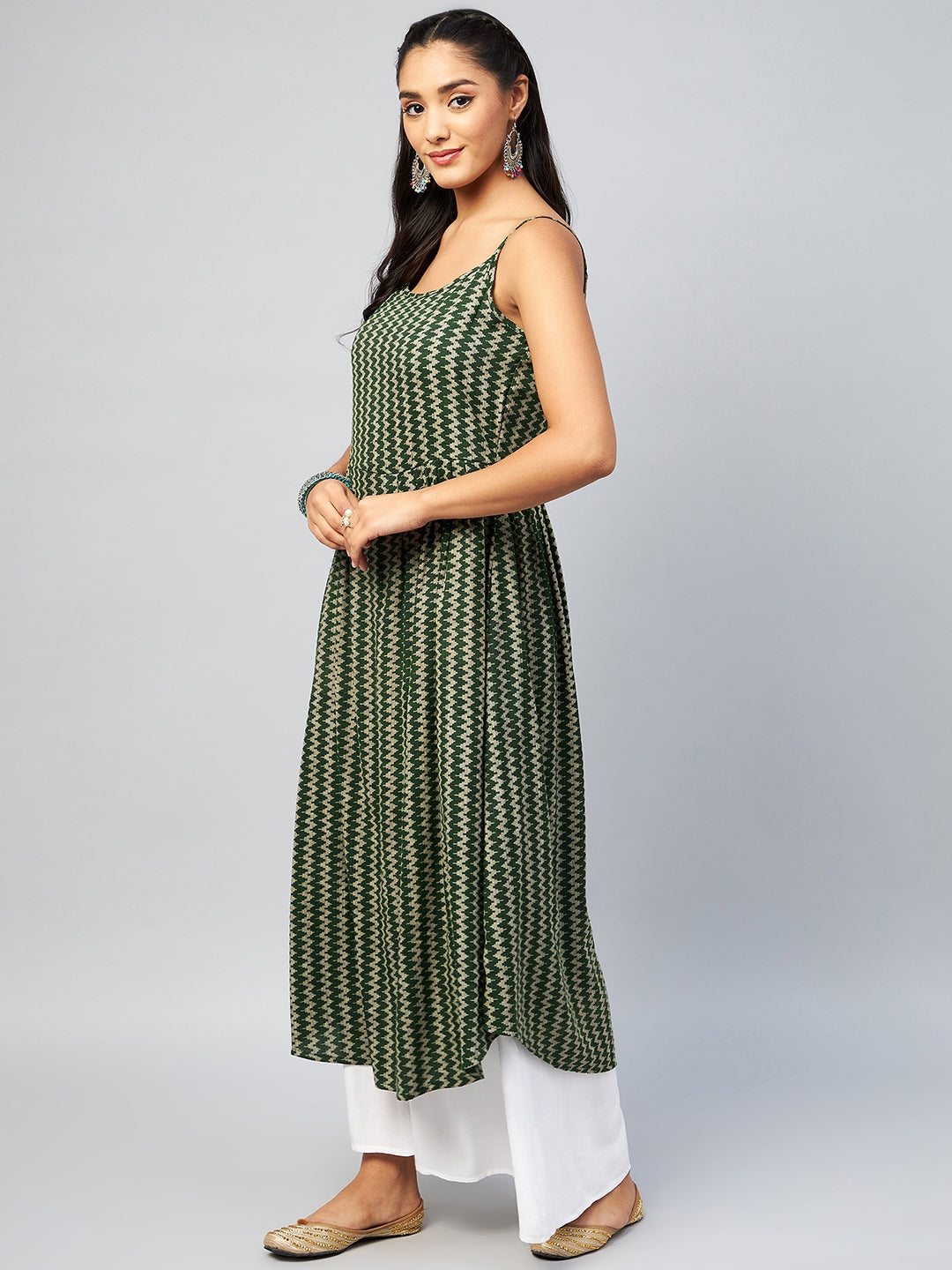 InWeave Women's Green Zig Zag Print Strappy Kurta | Grocsy