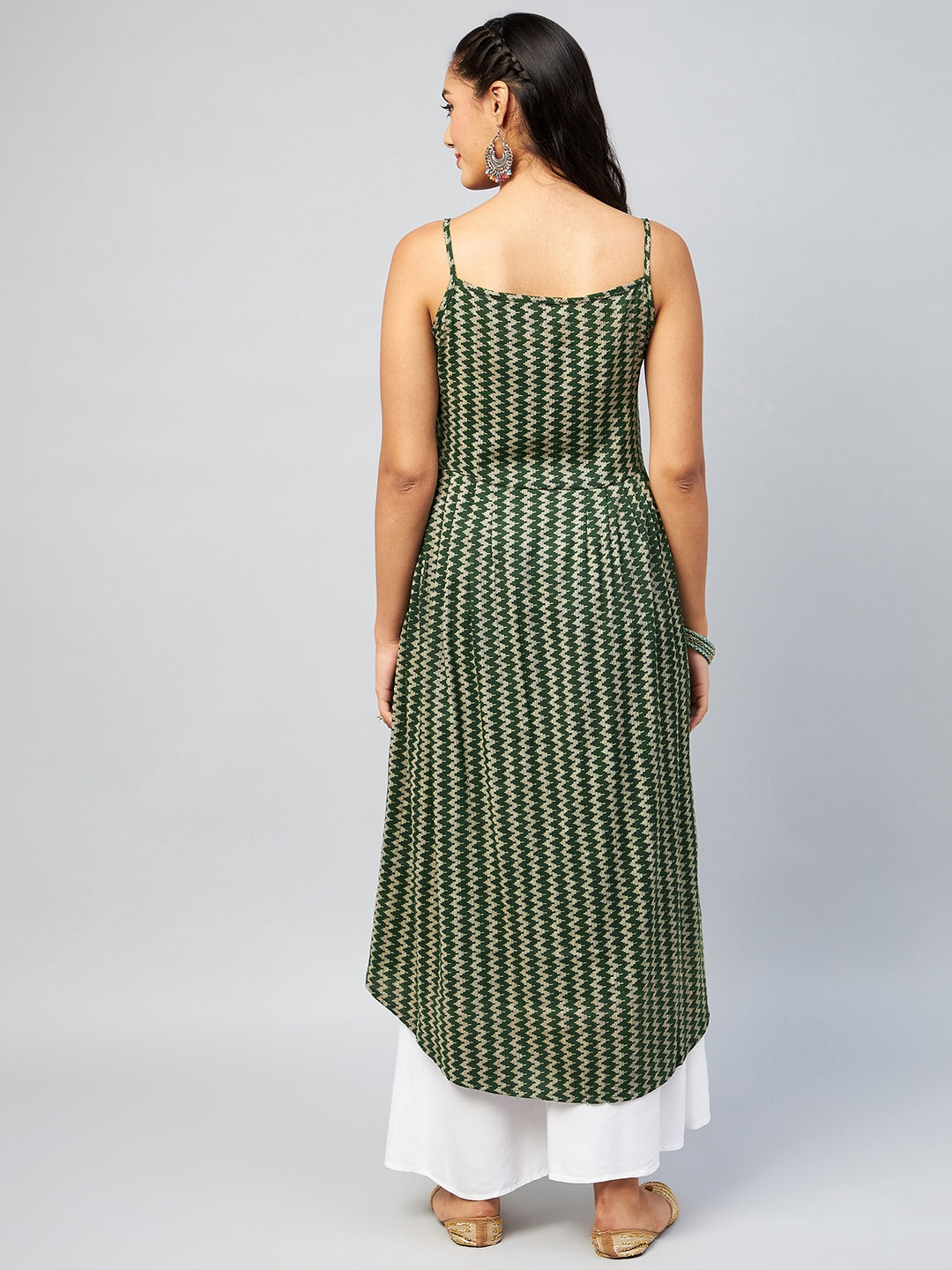 InWeave Women's Green Zig Zag Print Strappy Kurta | Grocsy