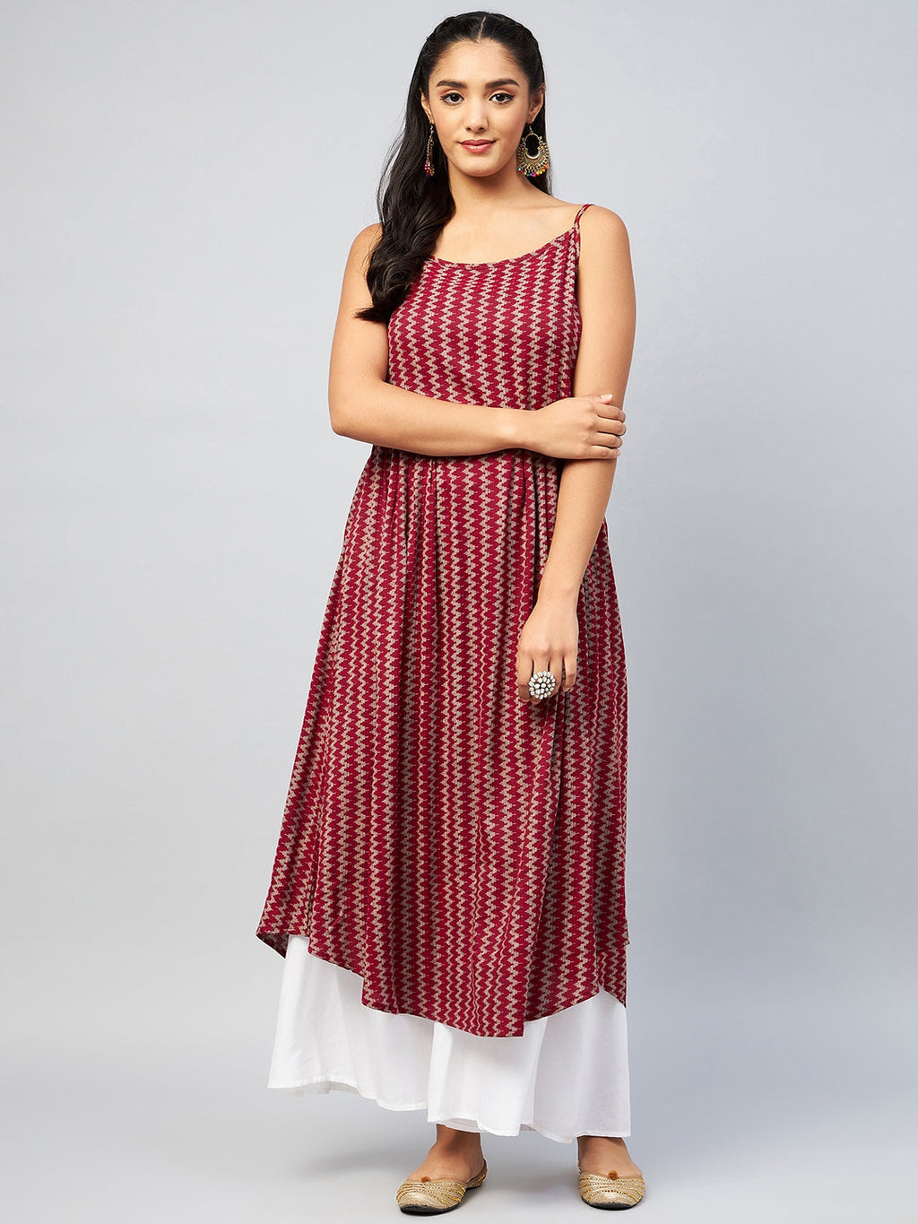 InWeave Women's Maroon Zig Zag Print Strappy Kurta | Grocsy