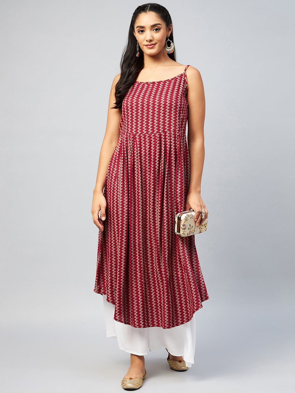 InWeave Women's Maroon Zig Zag Print Strappy Kurta | Grocsy