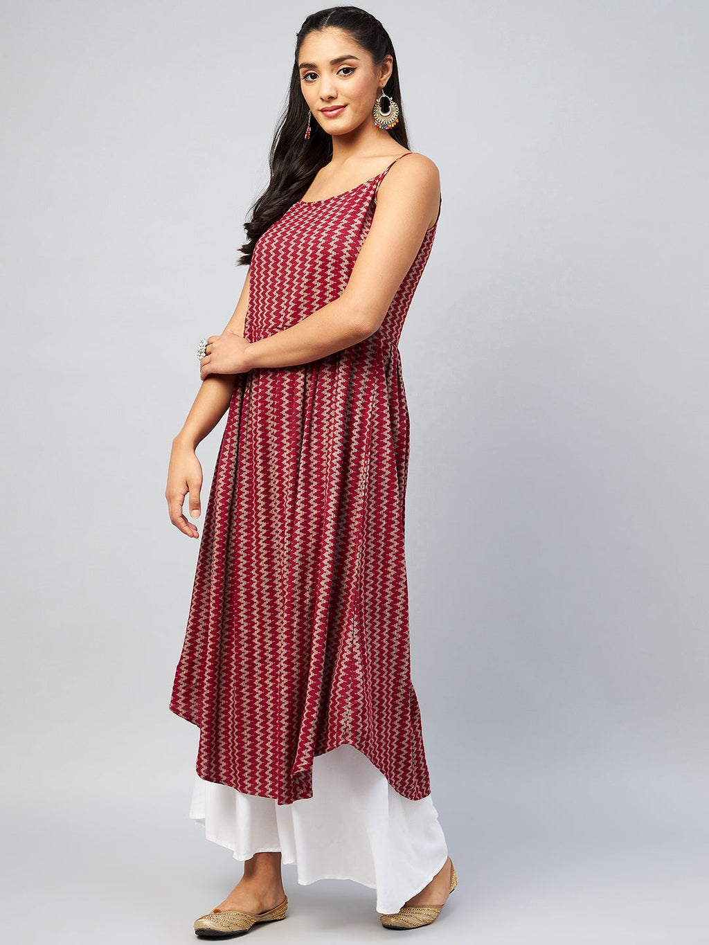 InWeave Women's Maroon Zig Zag Print Strappy Kurta | Grocsy