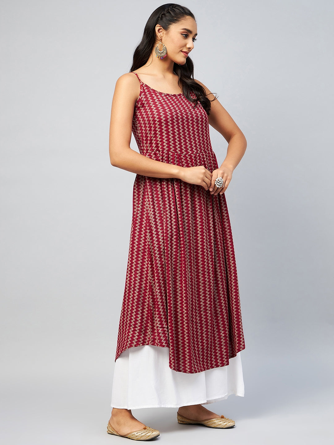 InWeave Women's Maroon Zig Zag Print Strappy Kurta | Grocsy