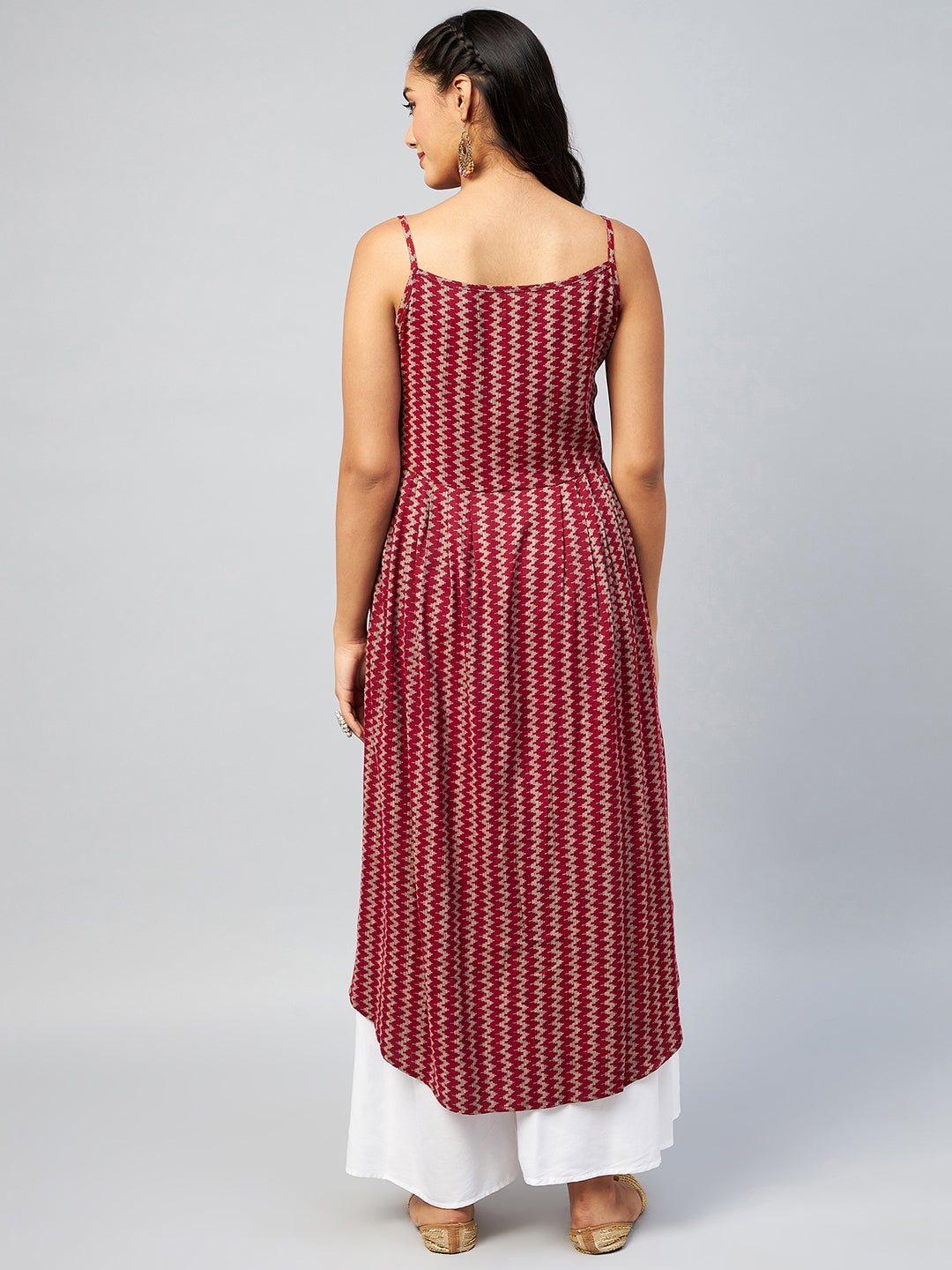 InWeave Women's Maroon Zig Zag Print Strappy Kurta | Grocsy