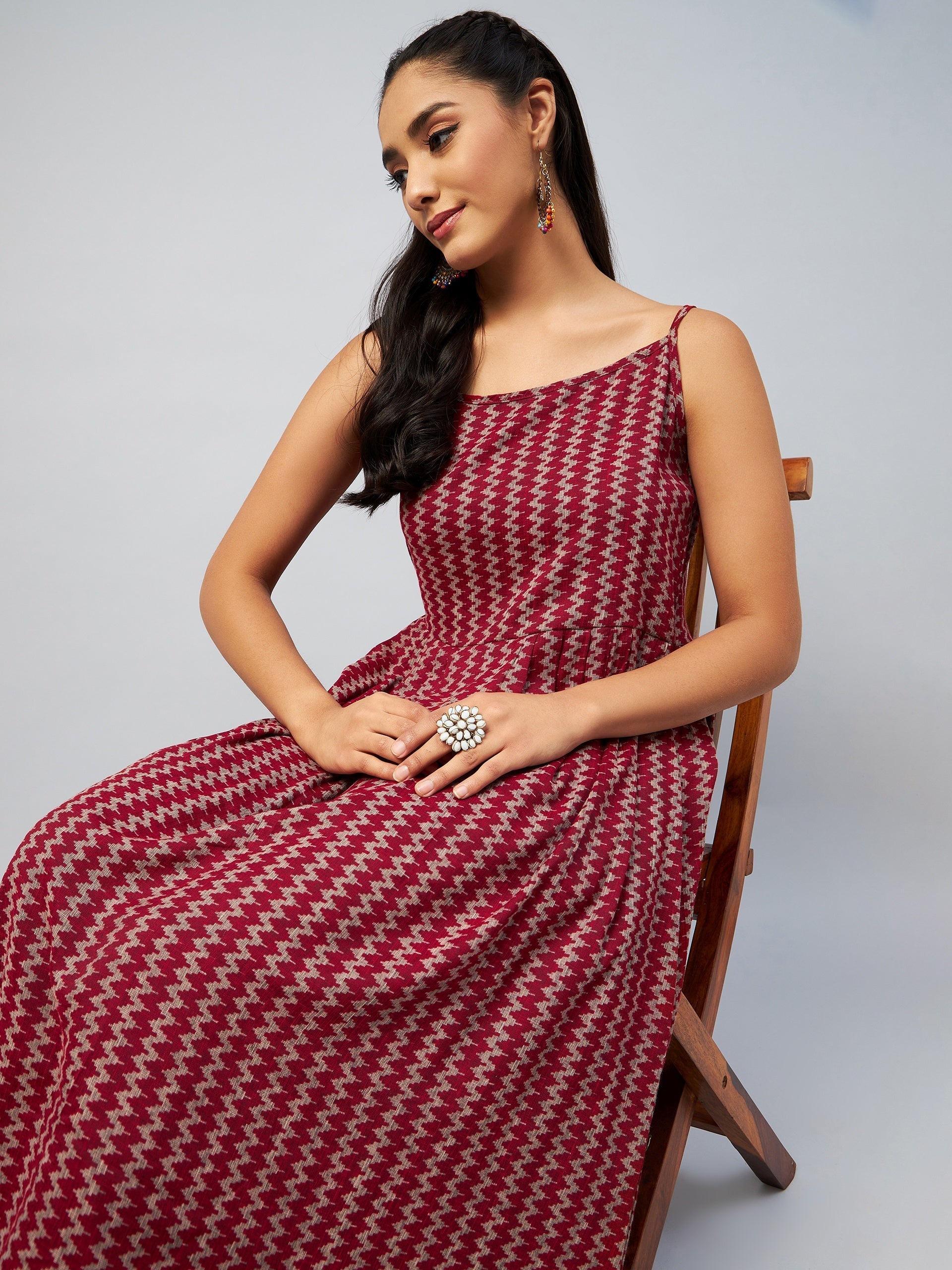 InWeave Women's Maroon Zig Zag Print Strappy Kurta | Grocsy