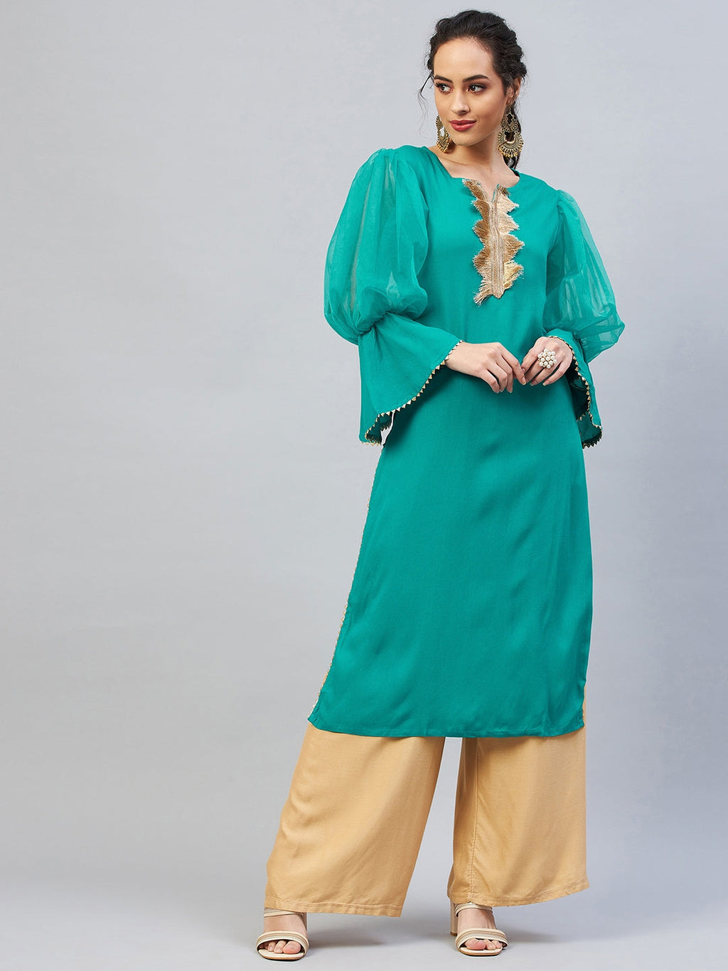 InWeave Women's Aqua Blue Organza Sleeve Gota Work Kurta | Grocsy