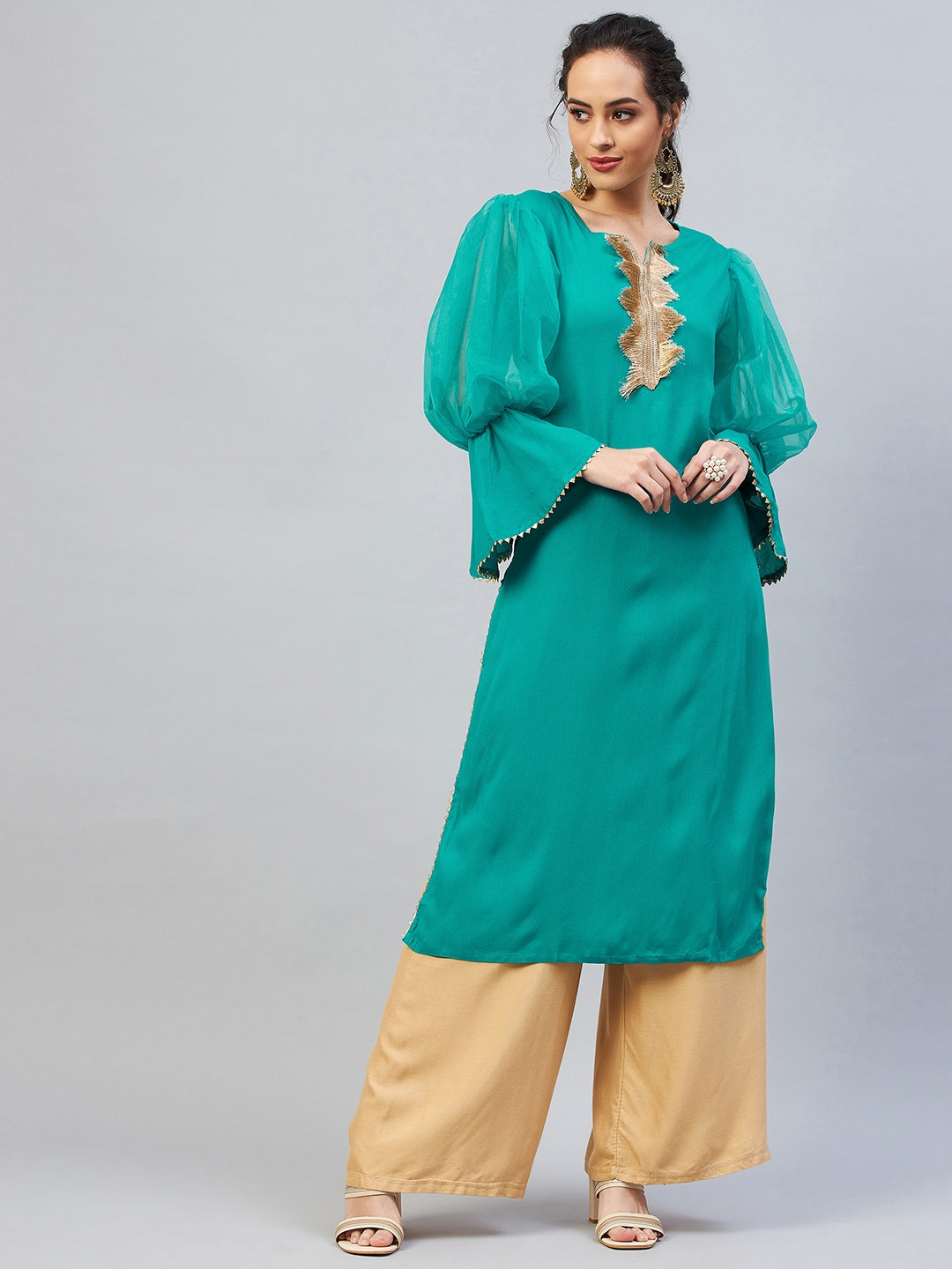 InWeave Women's Aqua Blue Organza Sleeve Gota Work Kurta | Grocsy