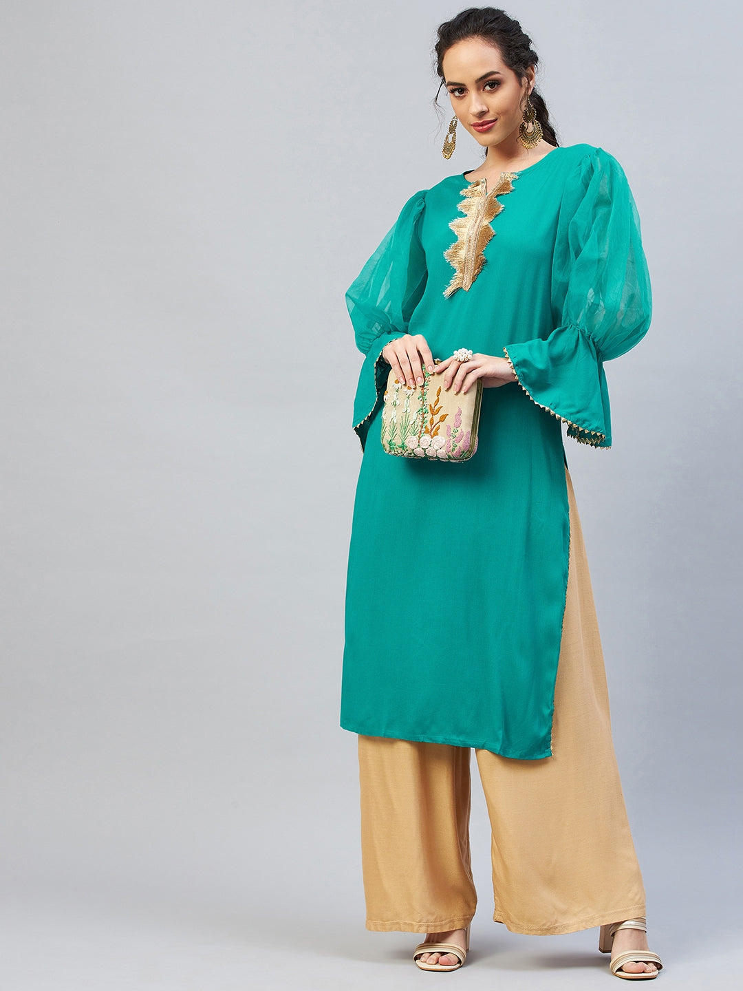 InWeave Women's Aqua Blue Organza Sleeve Gota Work Kurta | Grocsy