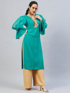 InWeave Women's Aqua Blue Organza Sleeve Gota Work Kurta | Grocsy