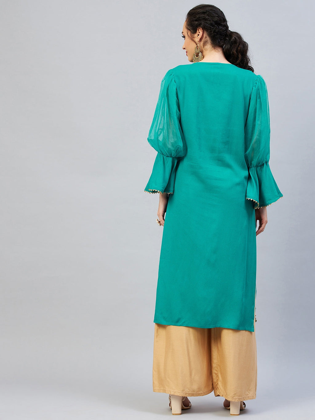 InWeave Women's Aqua Blue Organza Sleeve Gota Work Kurta | Grocsy