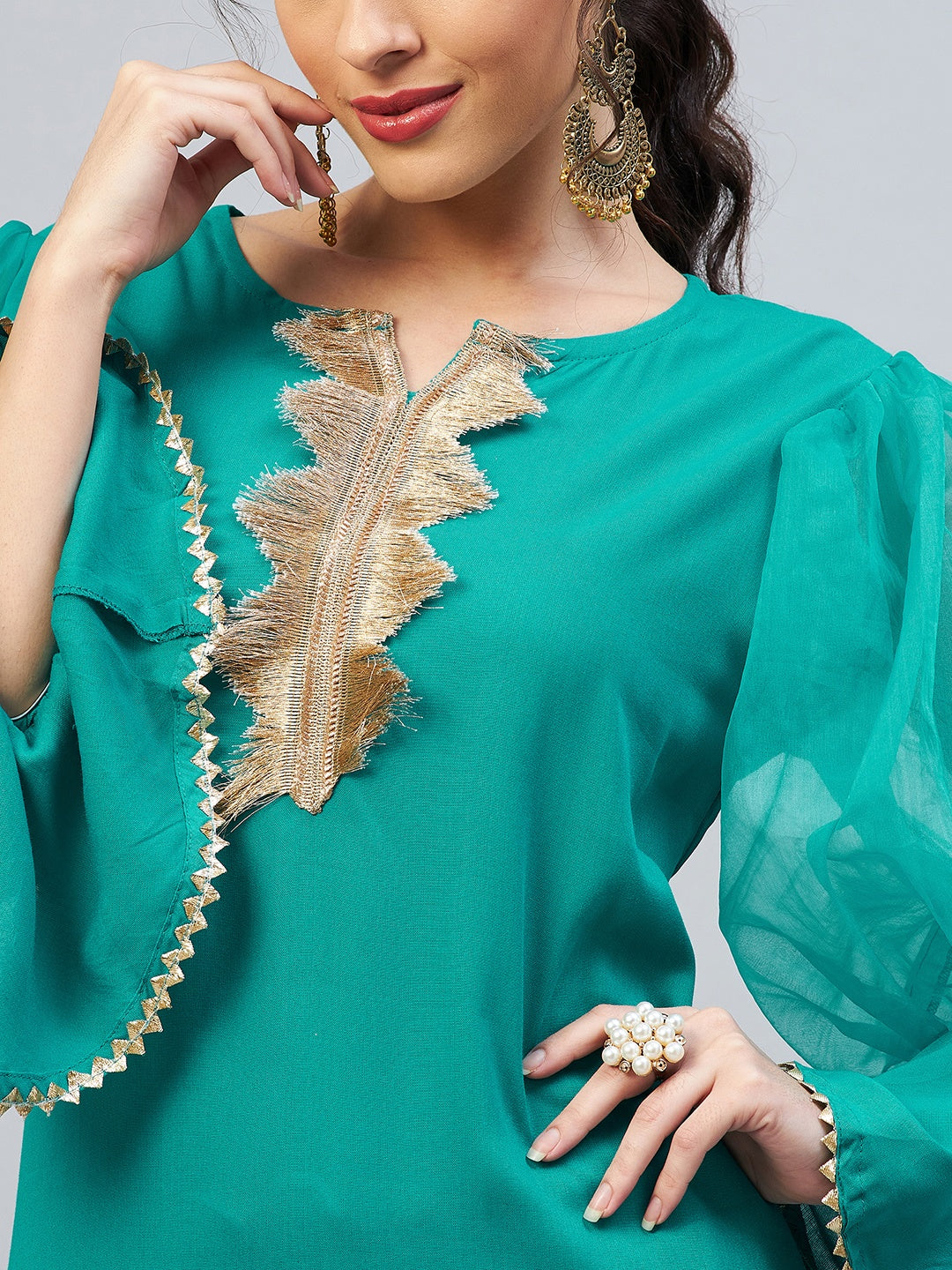 InWeave Women's Aqua Blue Organza Sleeve Gota Work Kurta | Grocsy