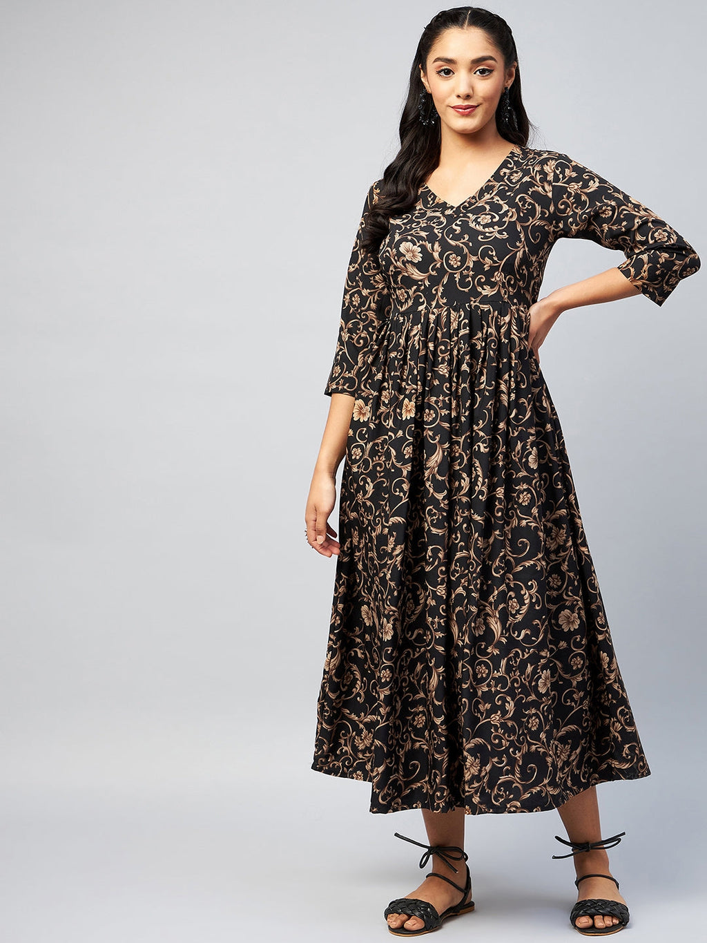 InWeave Women's Black Jaal Print Long Anarkali Kurta | Grocsy
