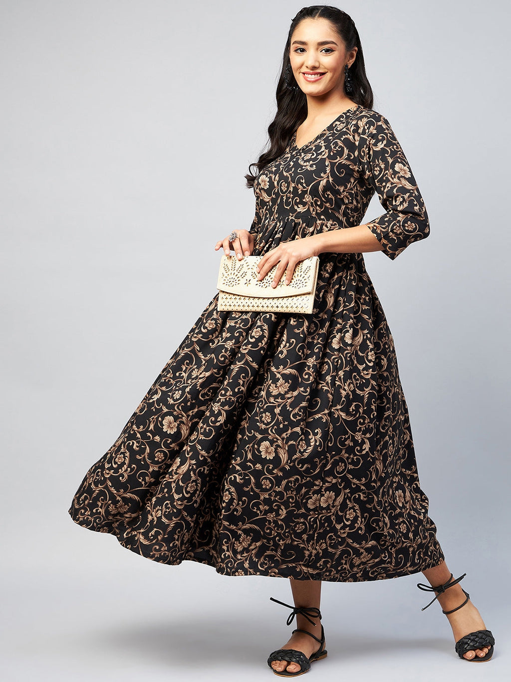 InWeave Women's Black Jaal Print Long Anarkali Kurta | Grocsy