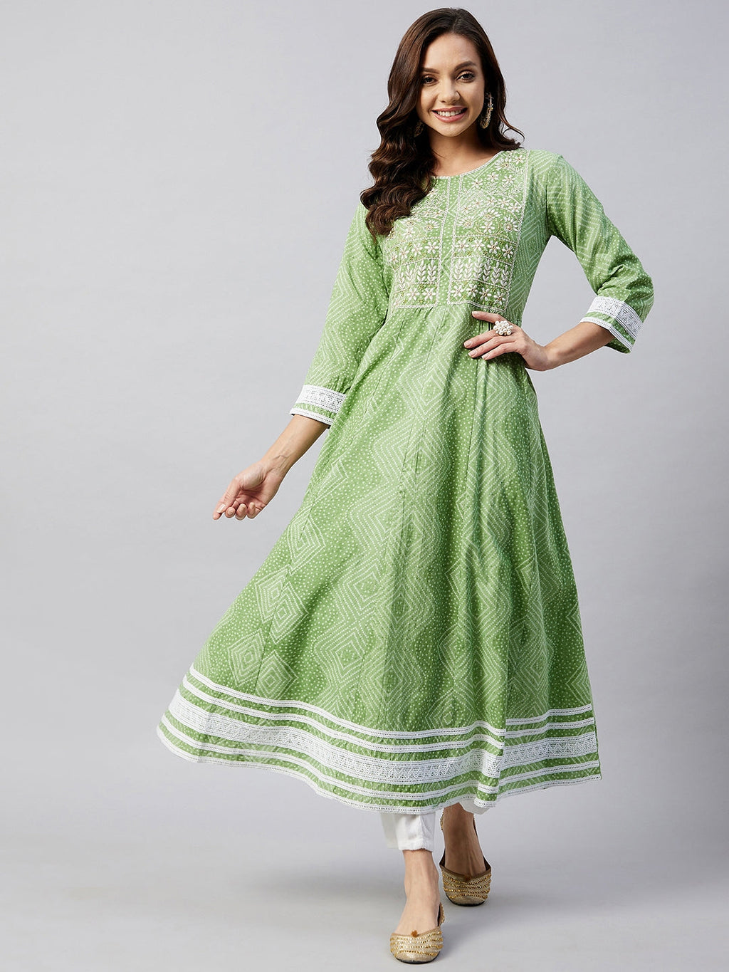 InWeave Women's Mint Green Mirror Work Anarkali Kurta | Grocsy