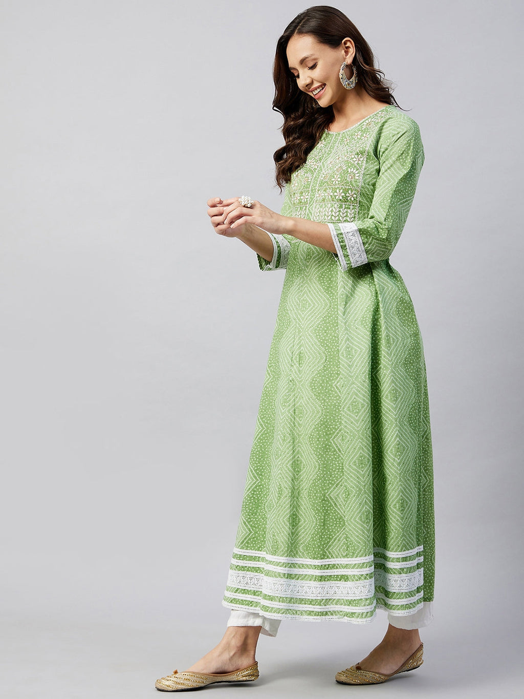 InWeave Women's Mint Green Mirror Work Anarkali Kurta | Grocsy