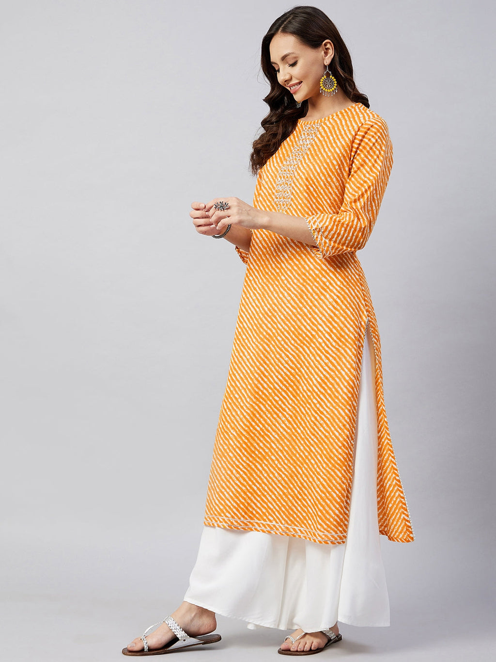 InWeave Women's Mustard Lehriya Work Kurta | Grocsy