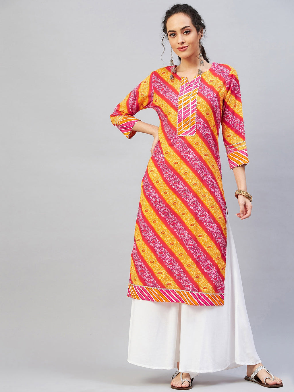 InWeave Women's Pink Mustard Lehriya Straight Kurta | Grocsy