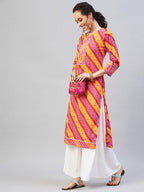 InWeave Women's Pink Mustard Lehriya Straight Kurta | Grocsy