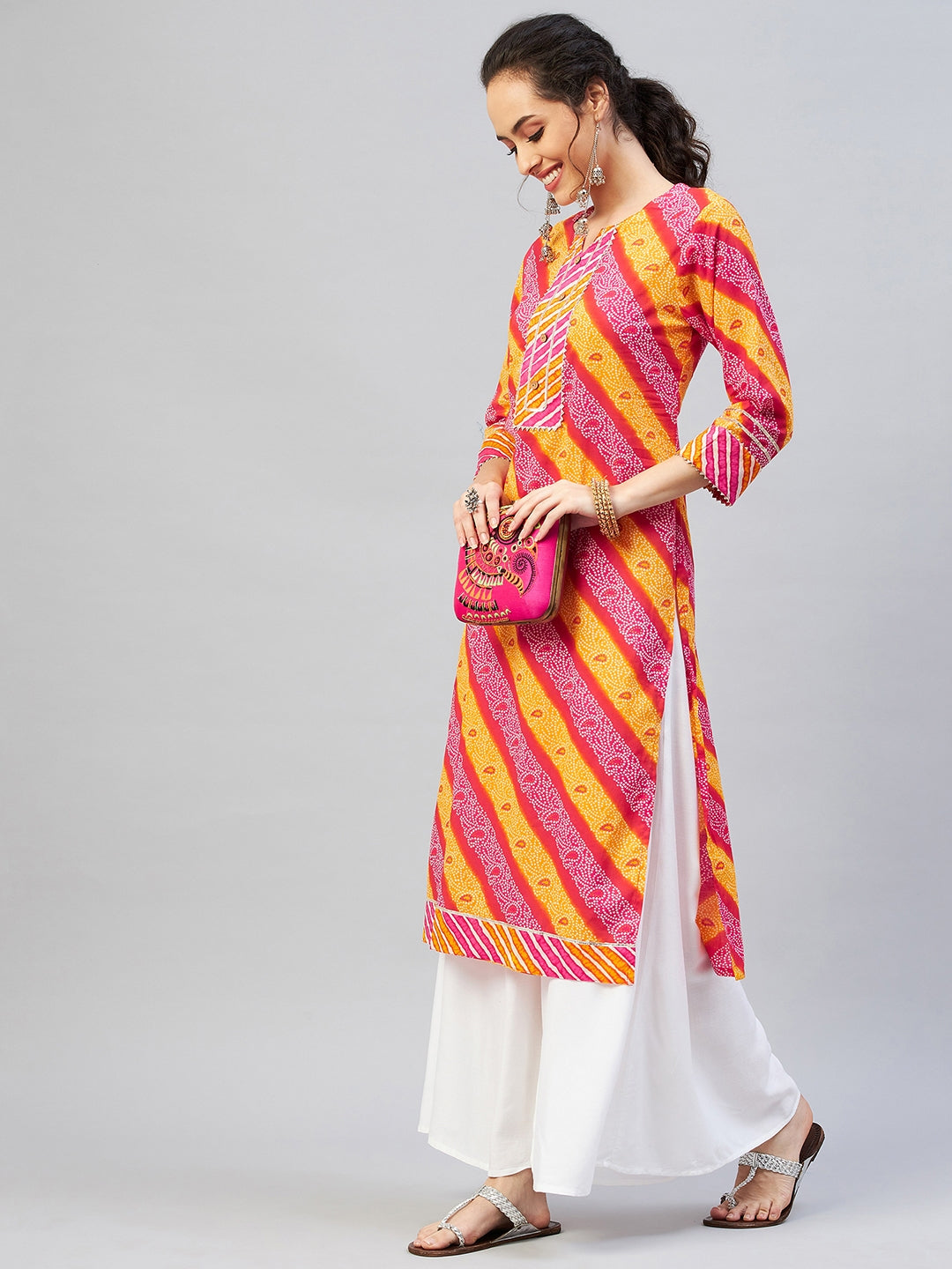 InWeave Women's Pink Mustard Lehriya Straight Kurta | Grocsy