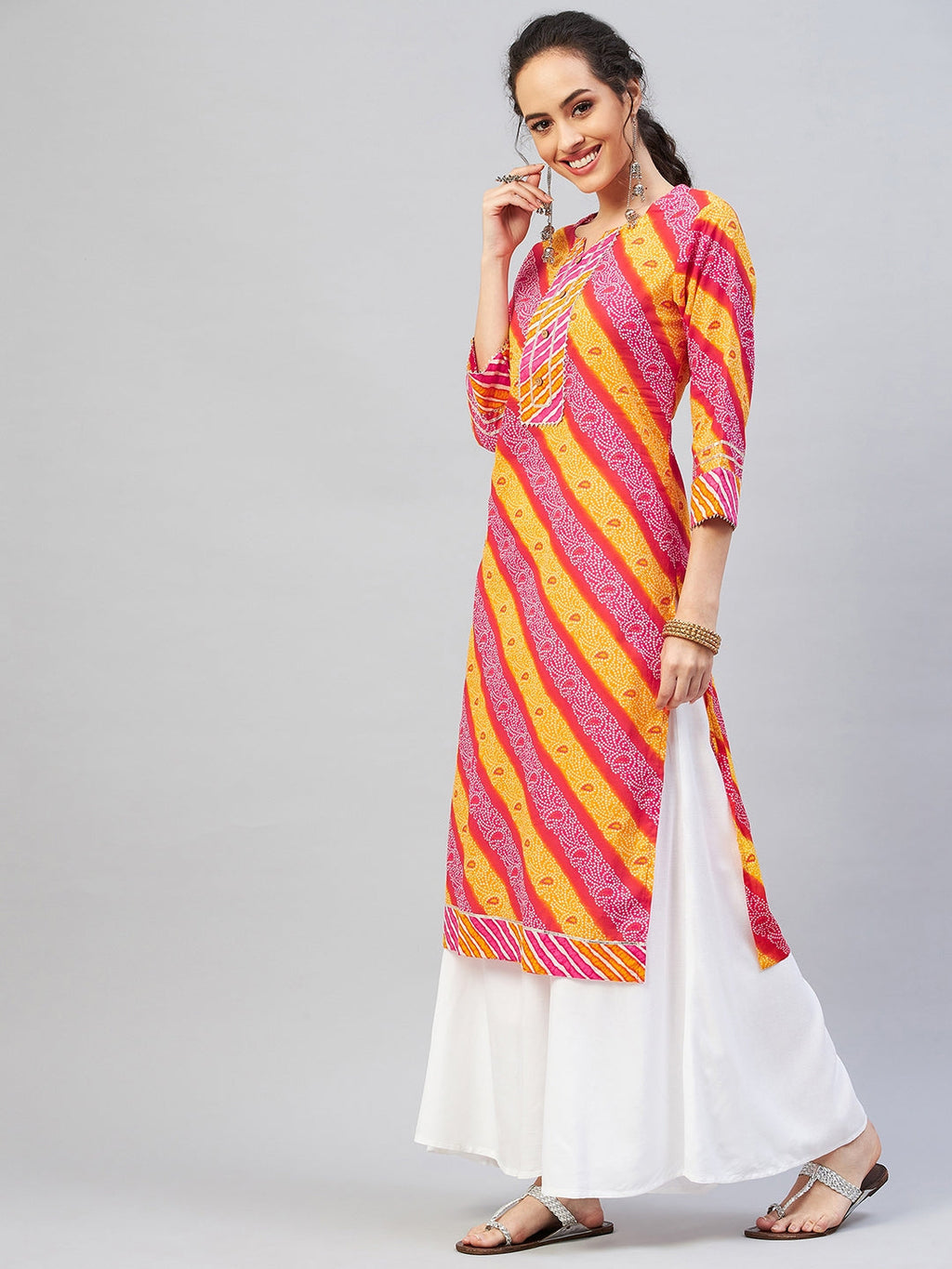 InWeave Women's Pink Mustard Lehriya Straight Kurta | Grocsy