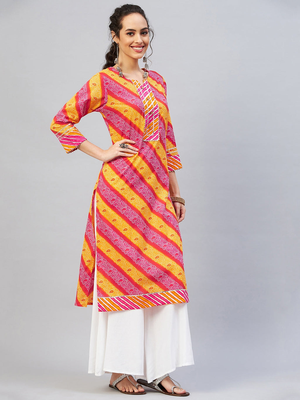 InWeave Women's Pink Mustard Lehriya Straight Kurta | Grocsy