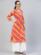 InWeave Women's Pink Mustard Lehriya Straight Kurta | Grocsy