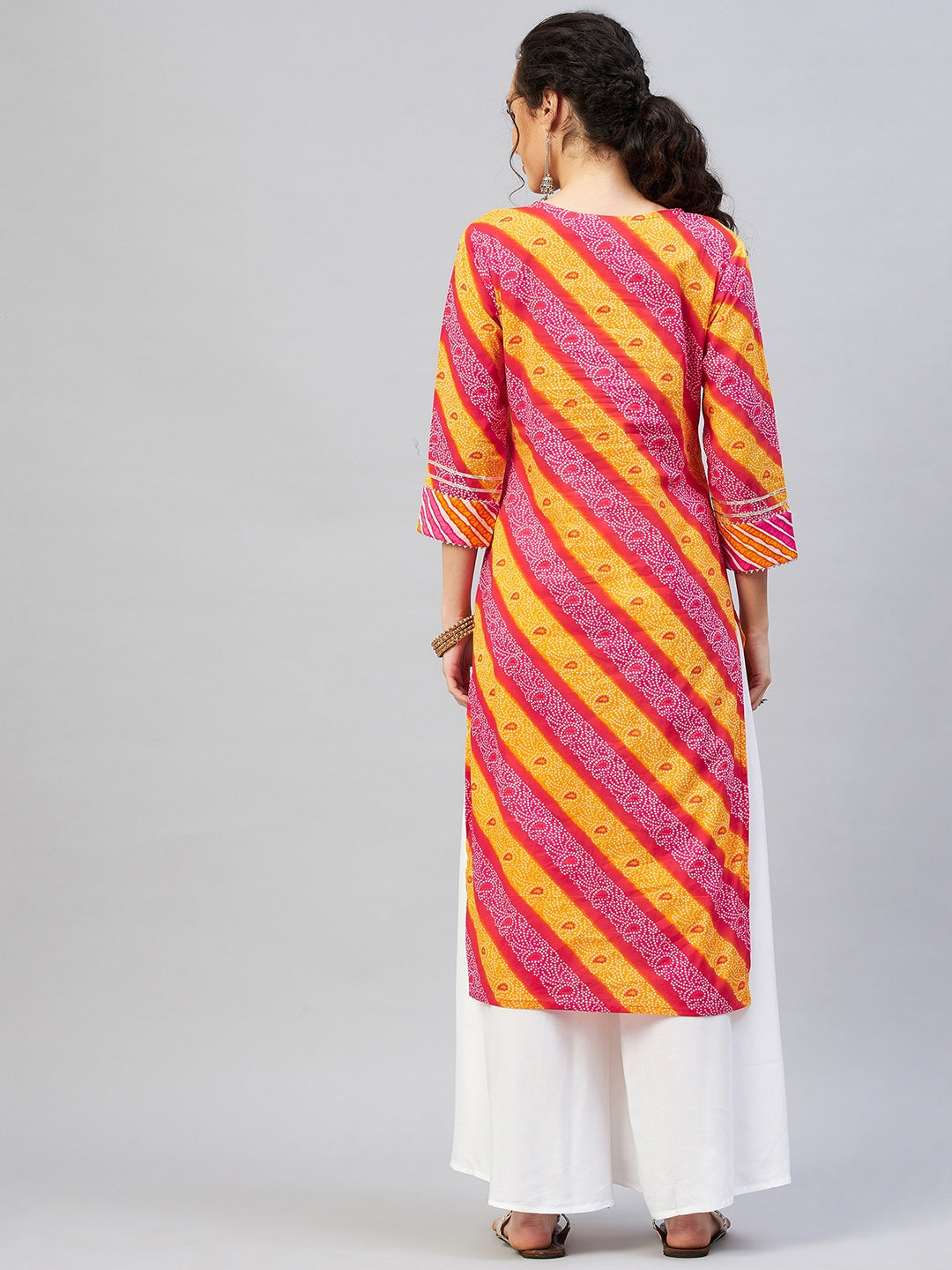 InWeave Women's Pink Mustard Lehriya Straight Kurta | Grocsy