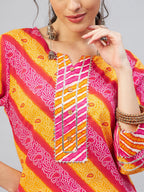 InWeave Women's Pink Mustard Lehriya Straight Kurta | Grocsy