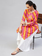 InWeave Women's Pink Mustard Lehriya Straight Kurta | Grocsy