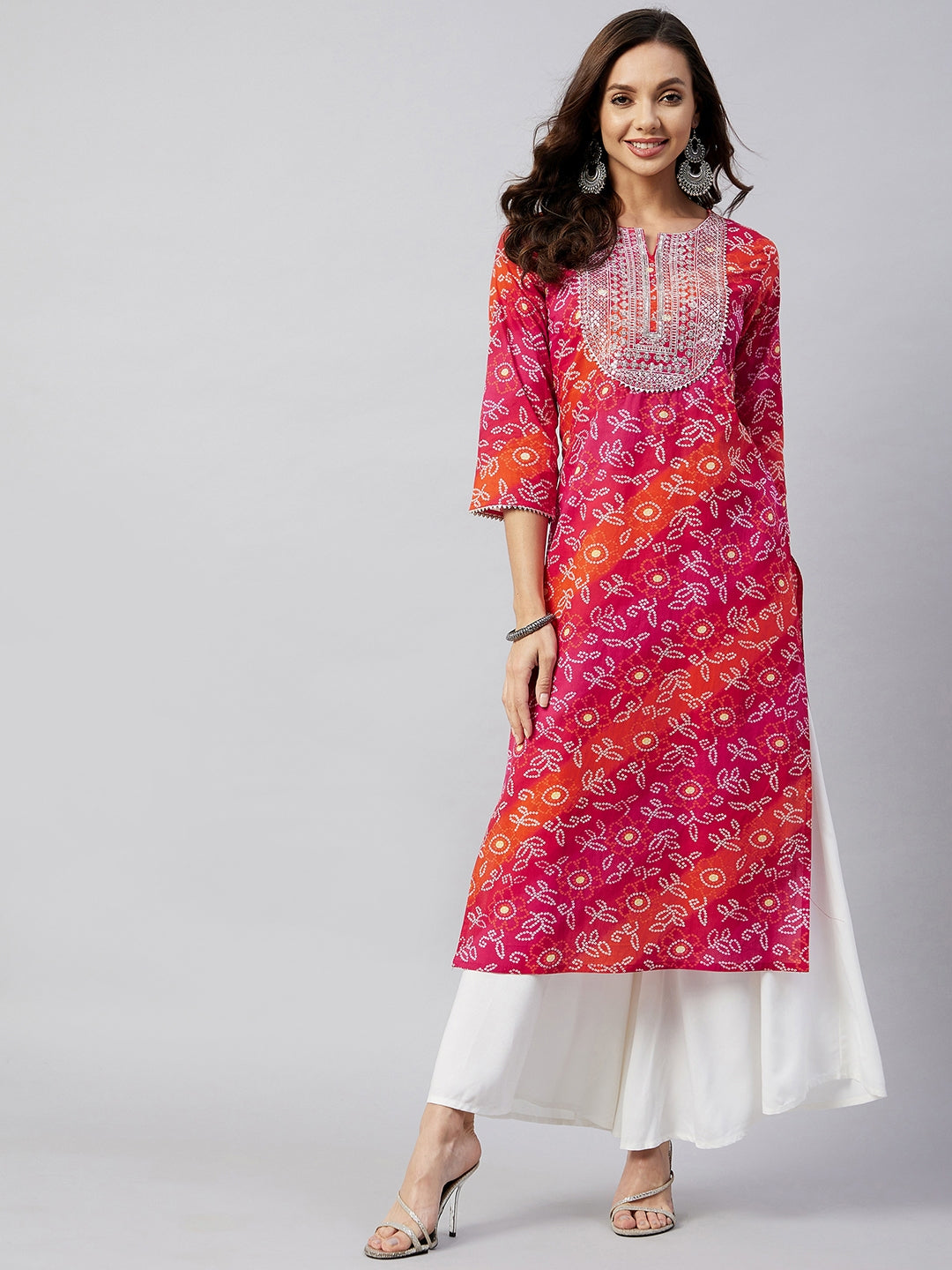 InWeave Women's Pink Orange Shaded Work Straight Kurta | Grocsy