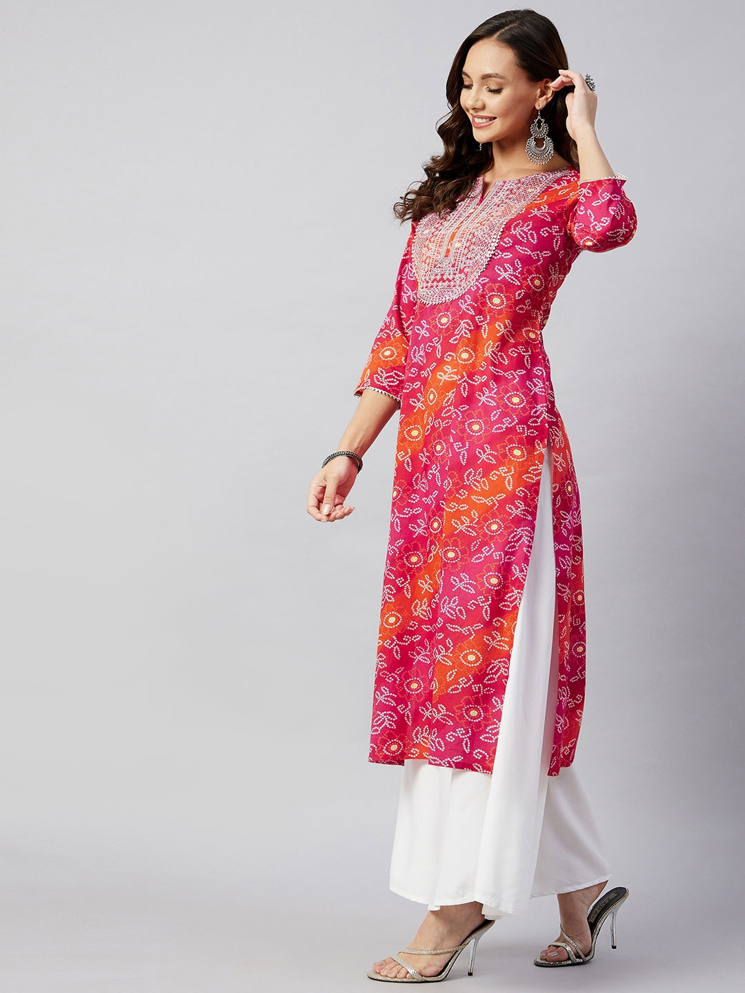 InWeave Women's Pink Orange Shaded Work Straight Kurta | Grocsy