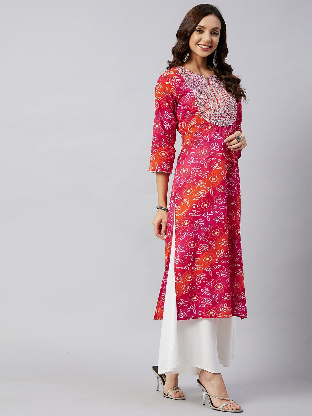 InWeave Women's Pink Orange Shaded Work Straight Kurta | Grocsy