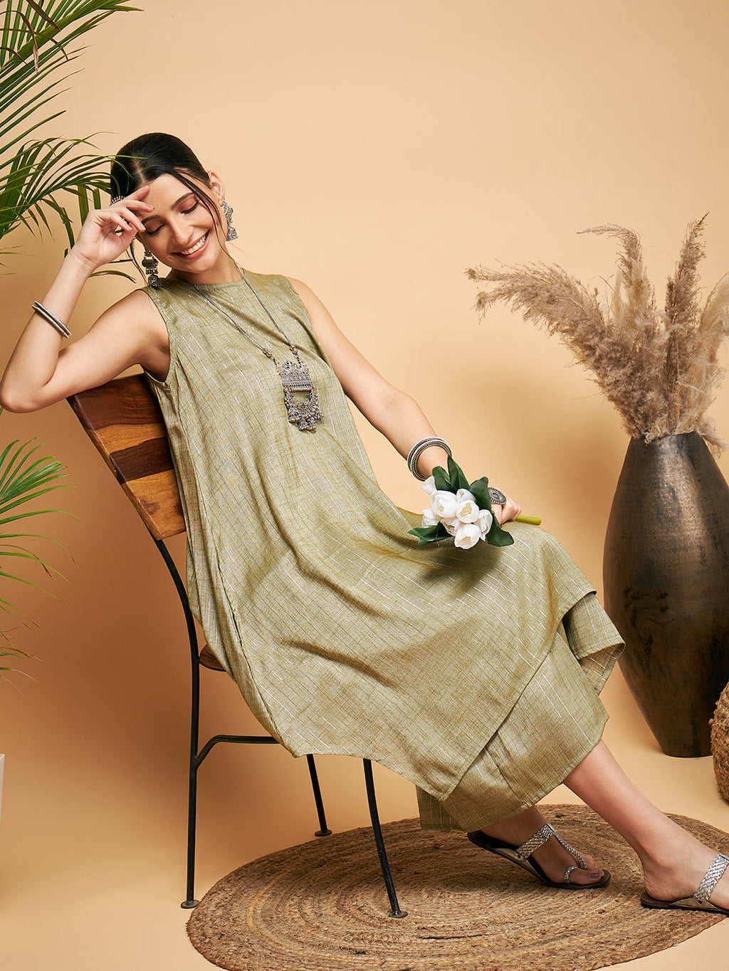 InWeave Olive Lurex Short Kurta | Grocsy