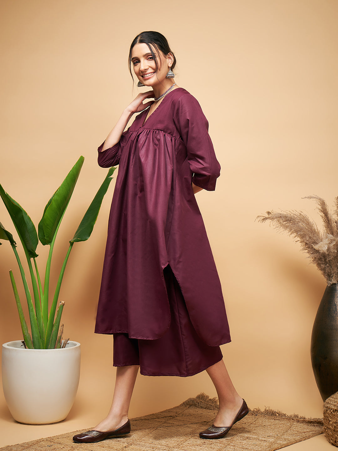 InWeave Wine Solid Flared Kurta | Grocsy