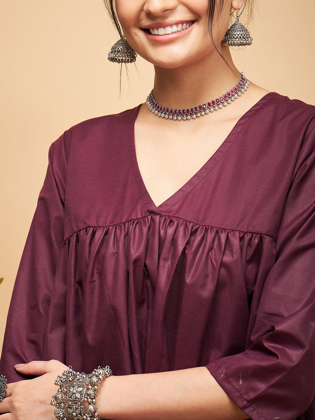 InWeave Wine Solid Flared Kurta | Grocsy