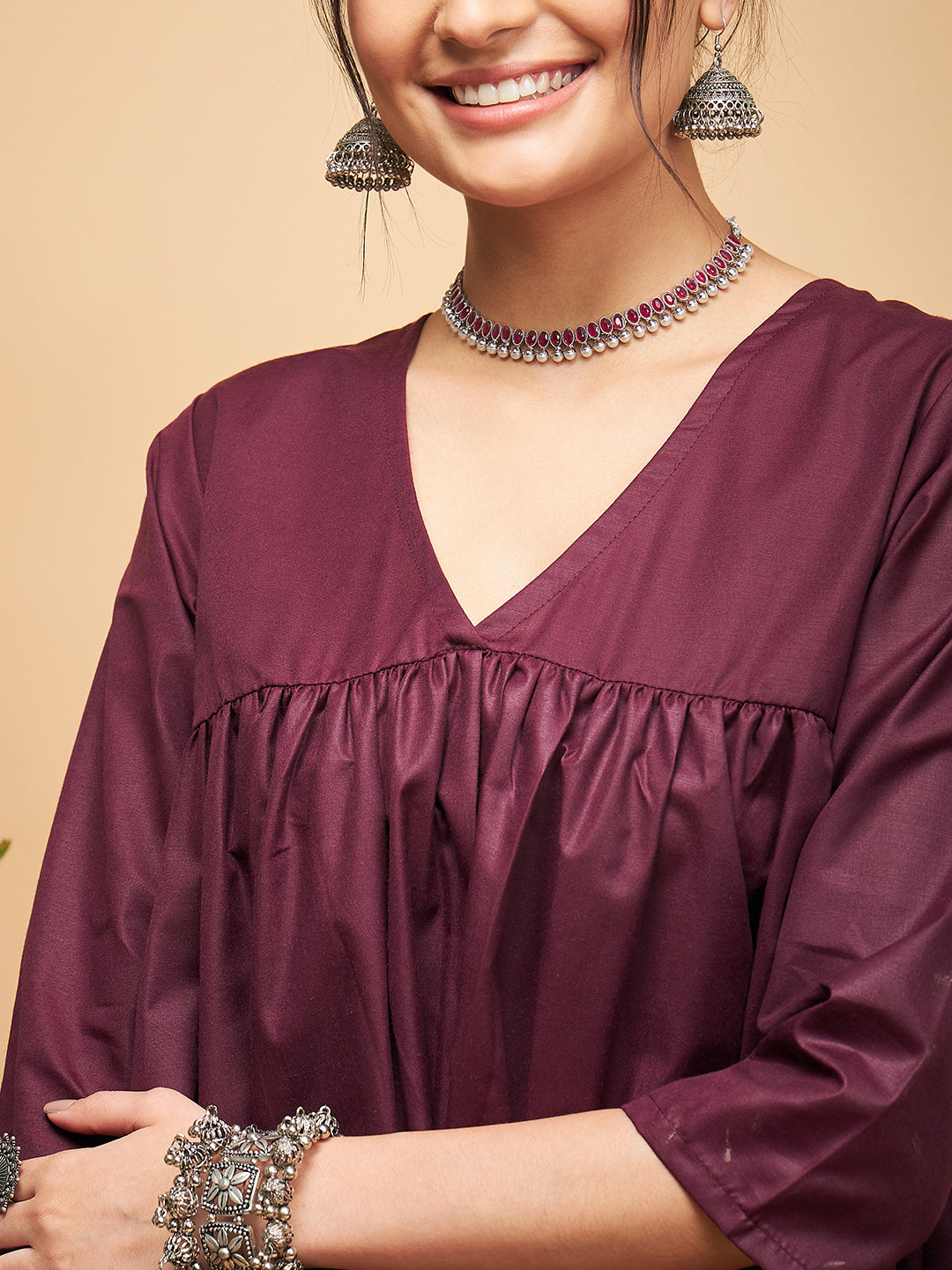 InWeave Wine Solid Flared Kurta | Grocsy