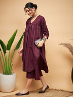InWeave Wine Solid Flared Kurta | Grocsy