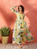 InWeave Lime Green Leaf Sweetheart Neck Long Anarkali Kurta | Grocsy
