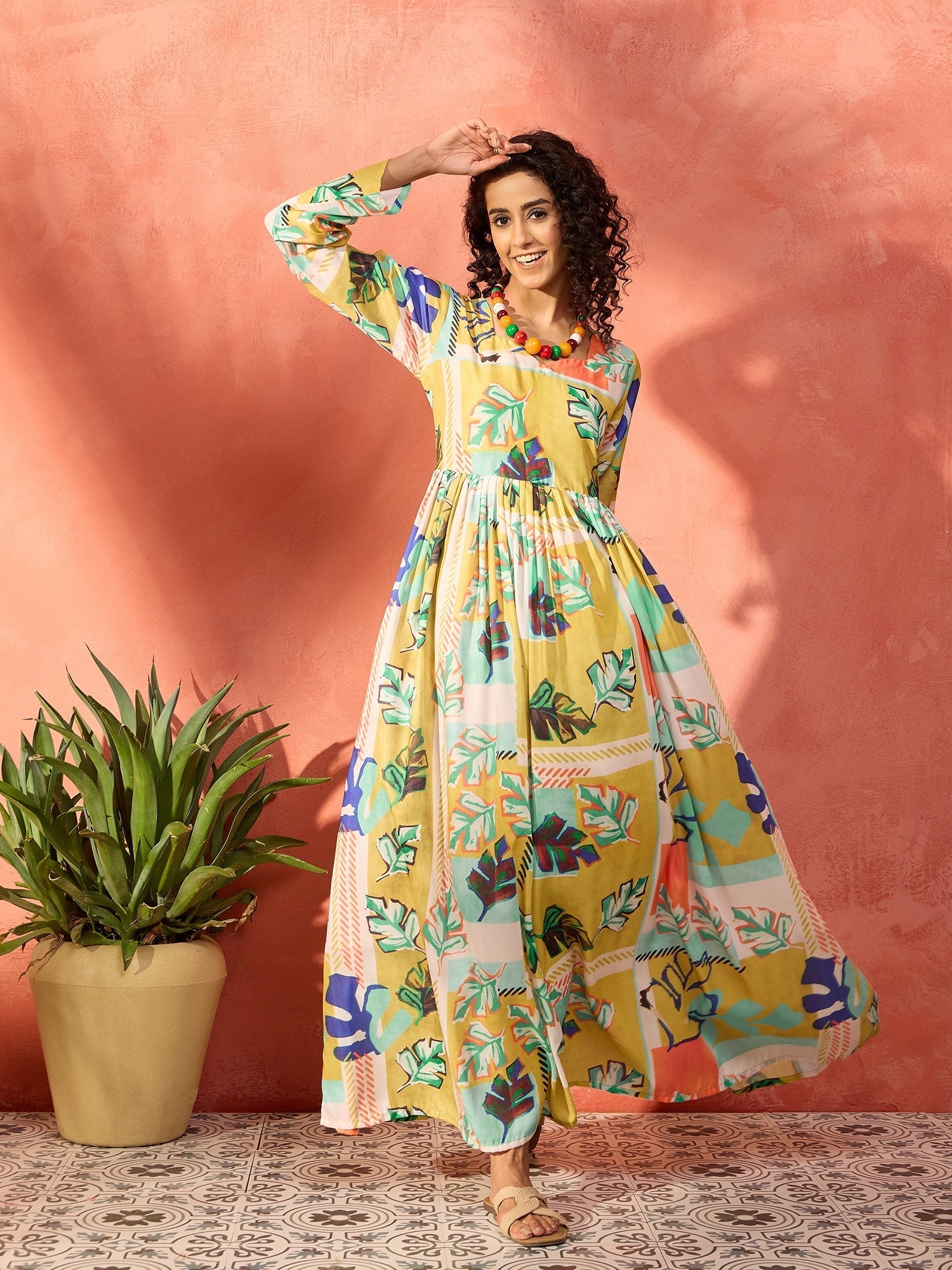 InWeave Lime Green Leaf Sweetheart Neck Long Anarkali Kurta | Grocsy