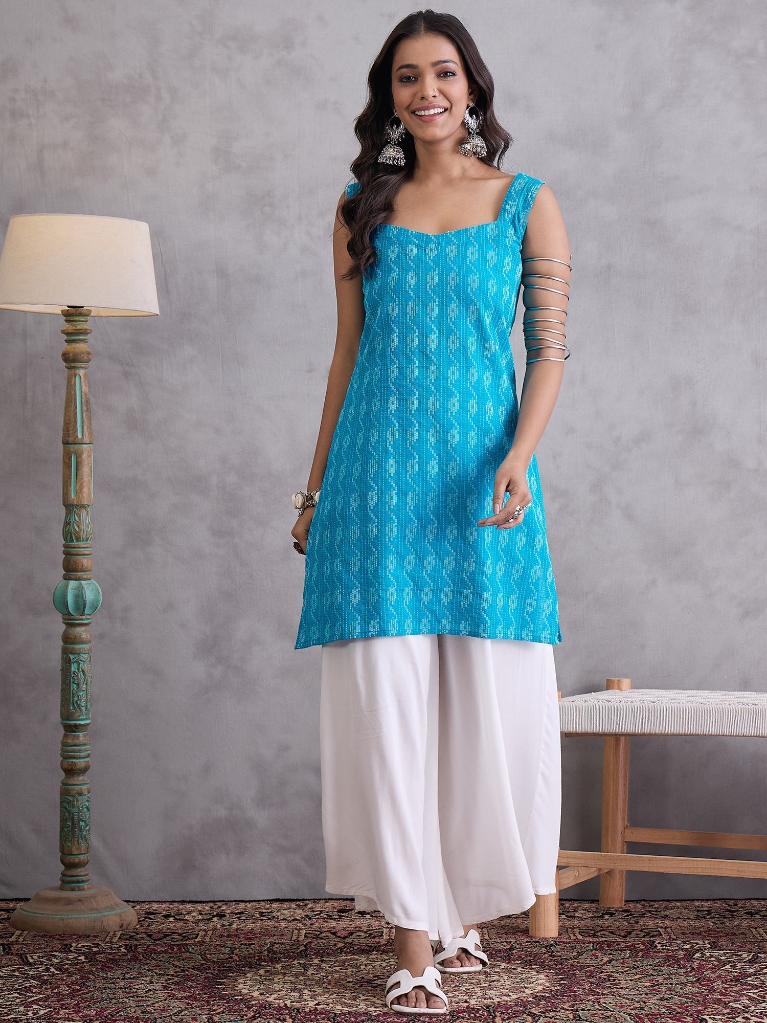 InWeave Cyan Blue Ikkat Kantha Kurta | Grocsy