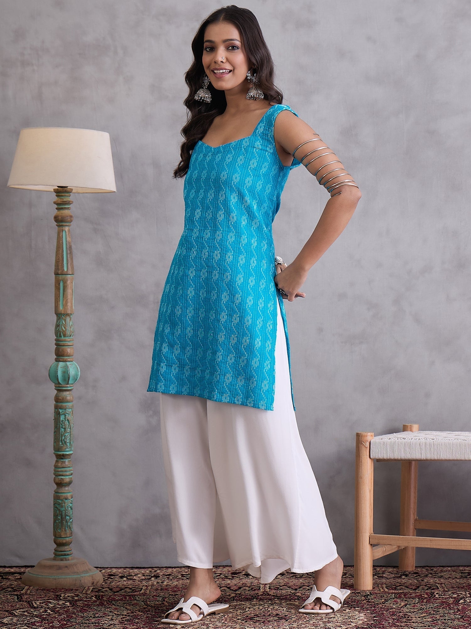 InWeave Cyan Blue Ikkat Kantha Kurta | Grocsy