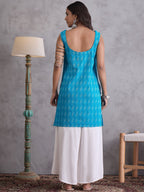 InWeave Cyan Blue Ikkat Kantha Kurta | Grocsy