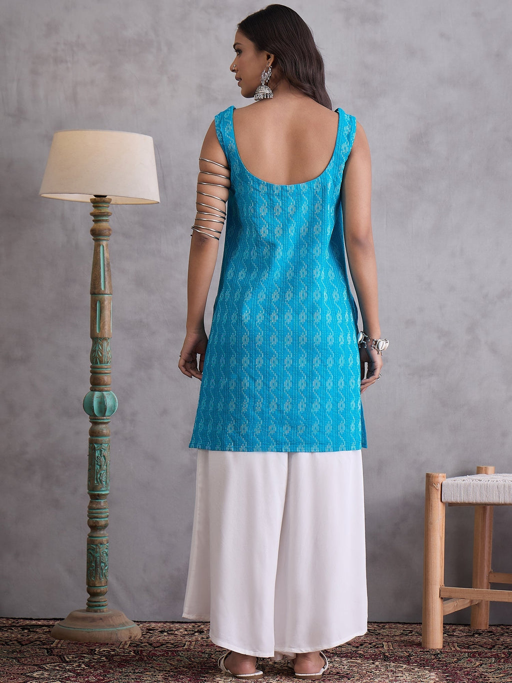 InWeave Cyan Blue Ikkat Kantha Kurta | Grocsy